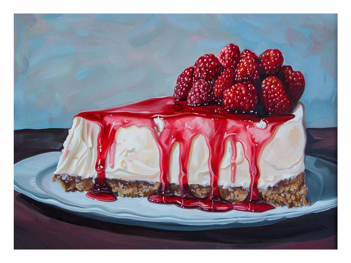 Painterly raspberry cheesecake with red glaze for colorful kitchen wall art.