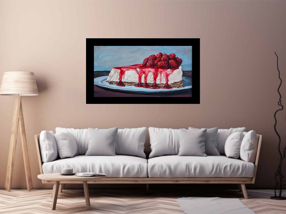 Painterly raspberry cheesecake with red glaze for colorful kitchen wall art.