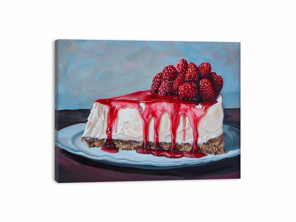 Painterly raspberry cheesecake with red glaze for colorful kitchen wall art.