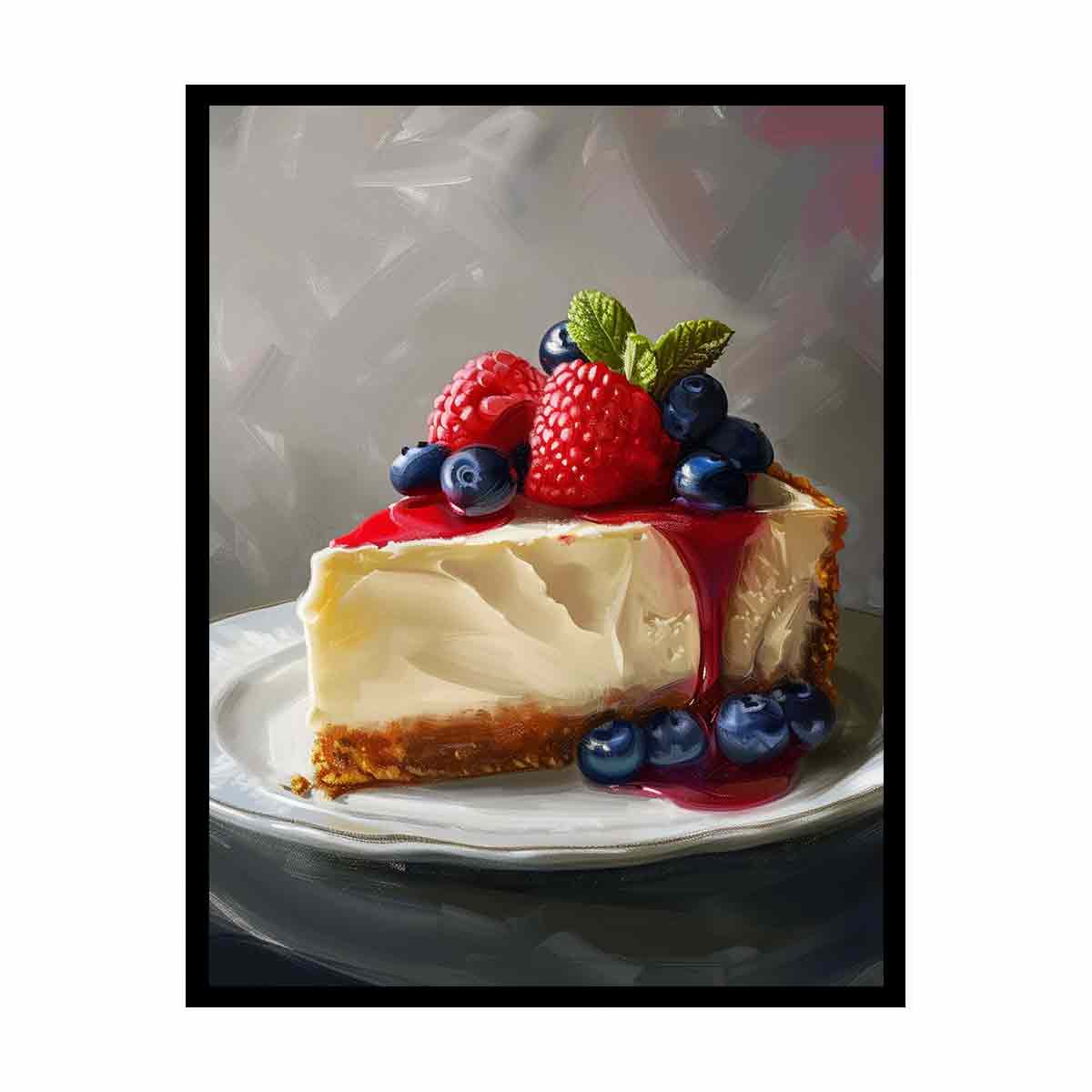 Painterly cheesecake slice with berries and mint for elegant kitchen decor.