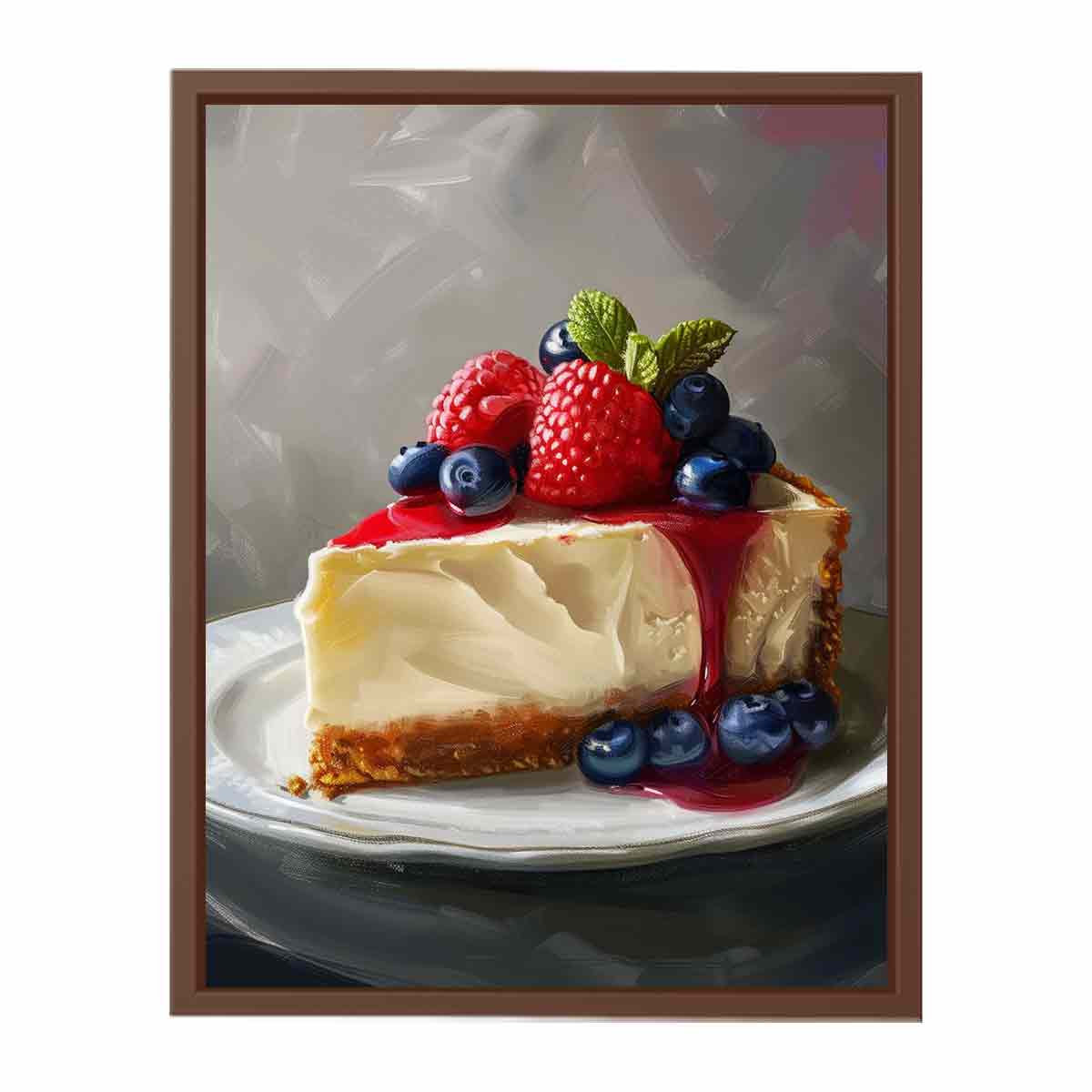 Painterly cheesecake slice with berries and mint for elegant kitchen decor.