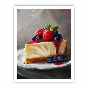 Painterly cheesecake slice with berries and mint for elegant kitchen decor.