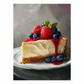 Painterly cheesecake slice with berries and mint for elegant kitchen decor.