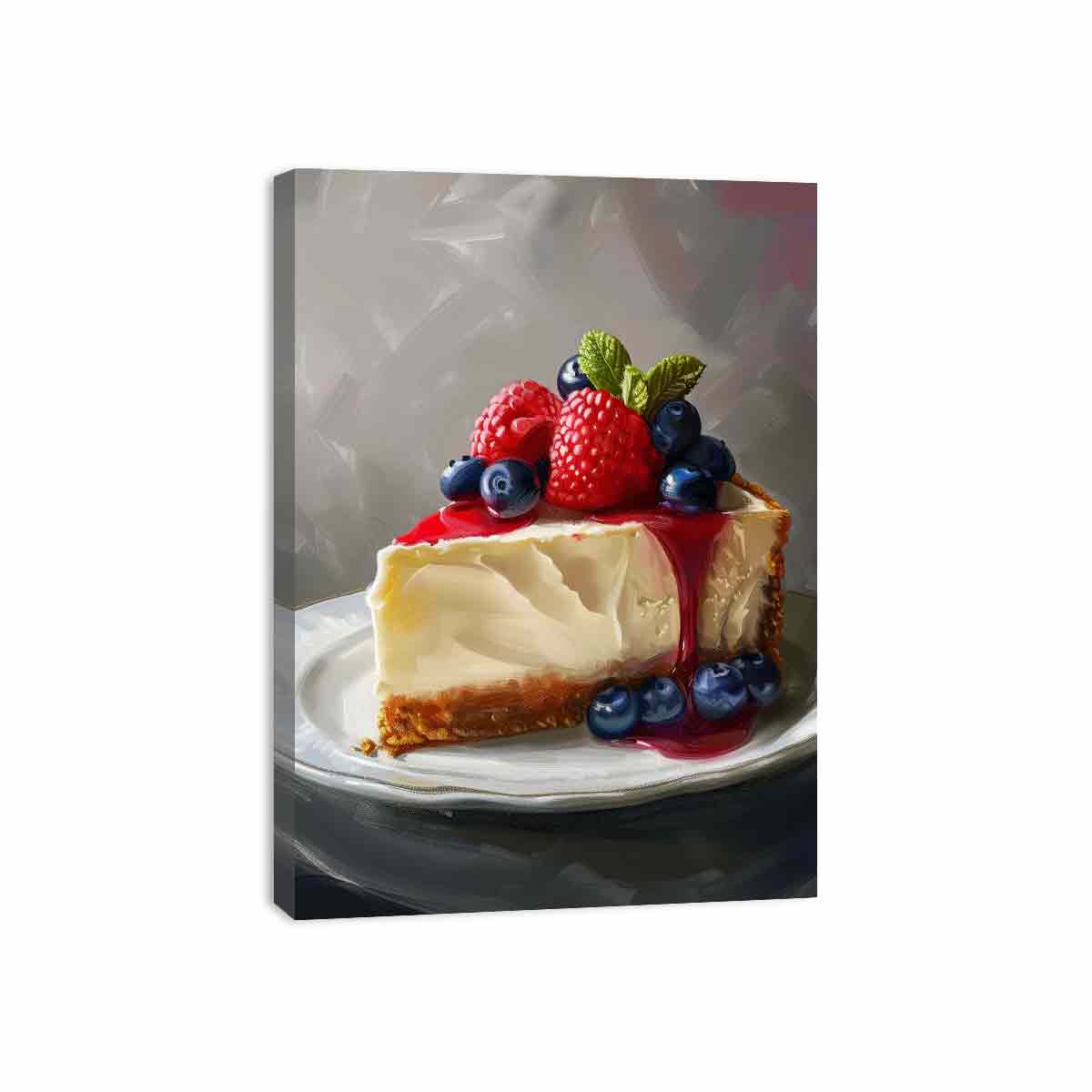 Painterly cheesecake slice with berries and mint for elegant kitchen decor.