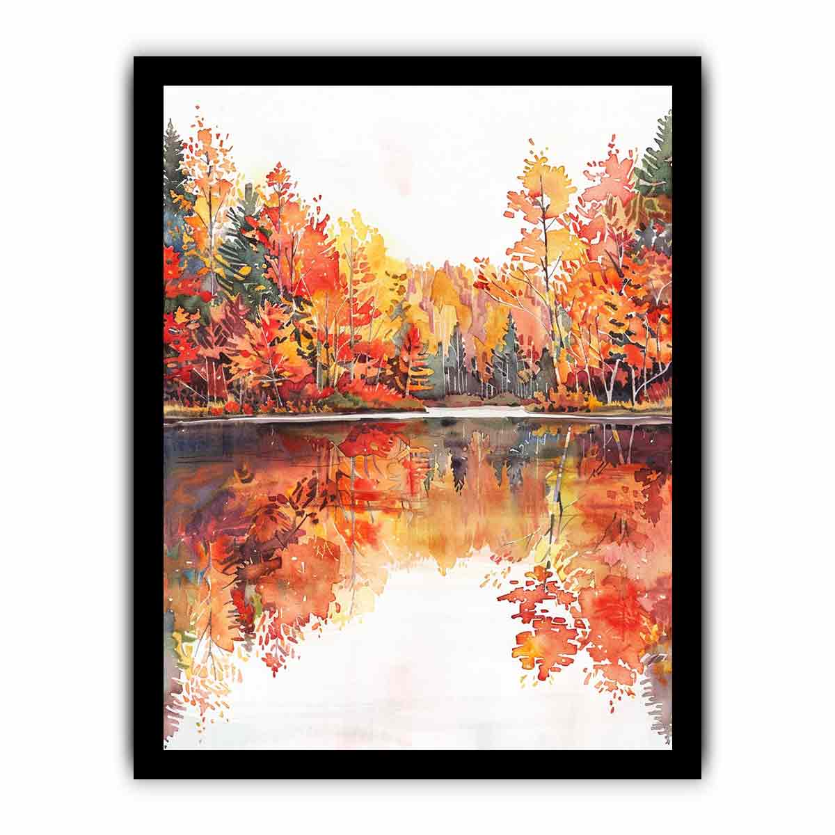 Watercolor autumn lake with orange trees and reflections for cozy living room decor.