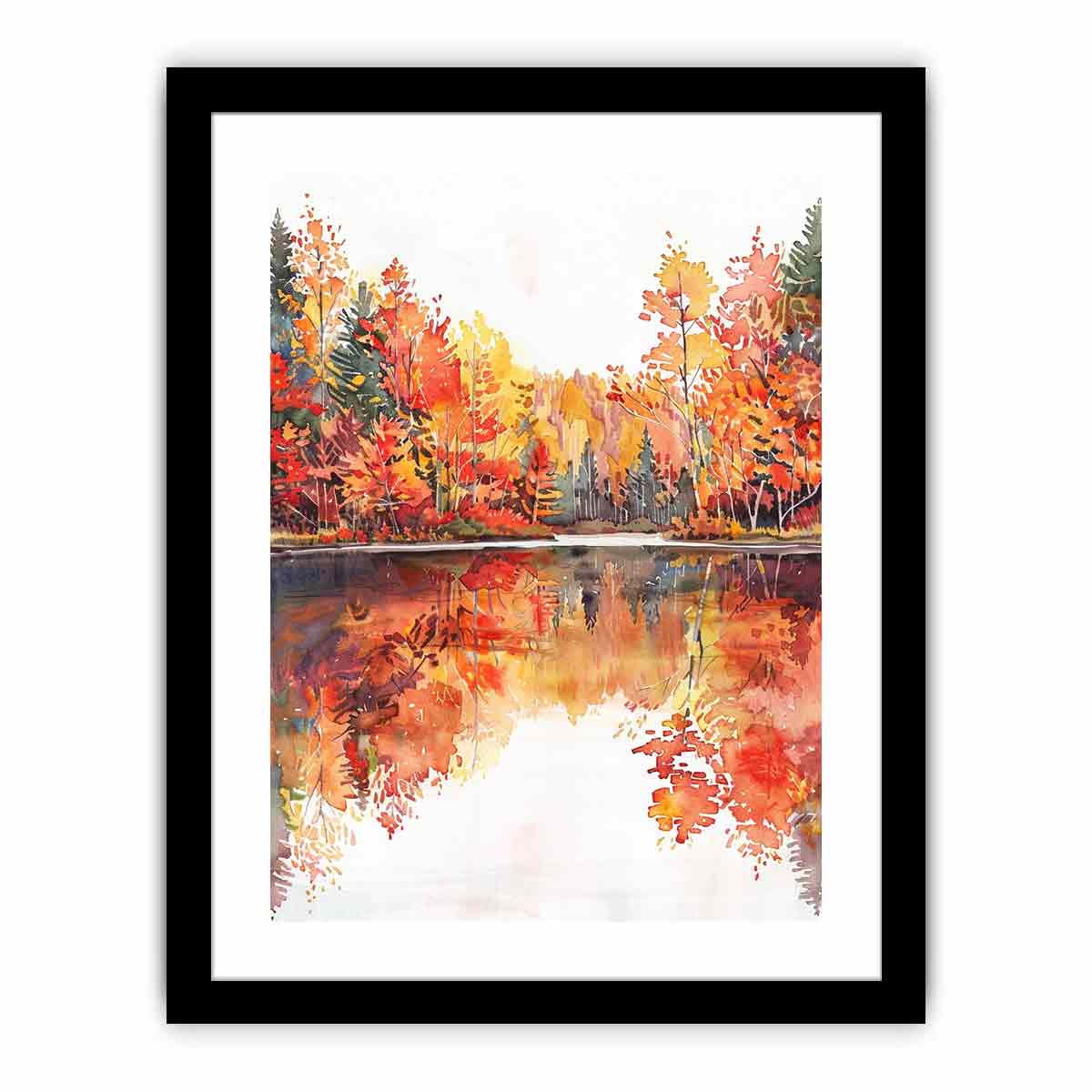 Watercolor autumn lake with orange trees and reflections for cozy living room decor.