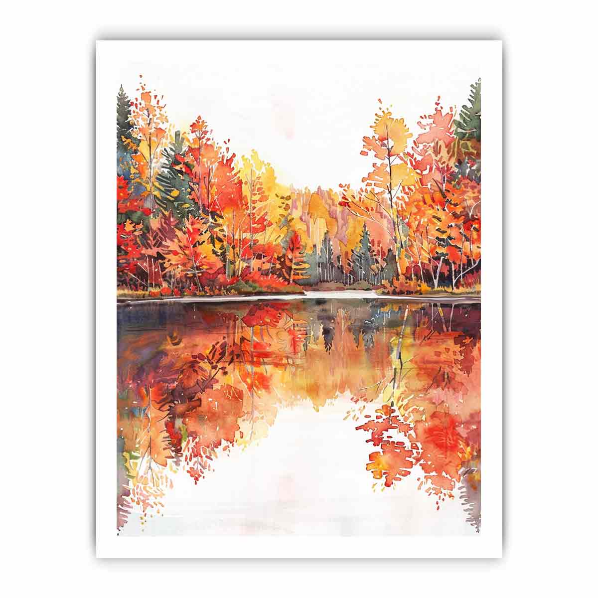 Watercolor autumn lake with orange trees and reflections for cozy living room decor.