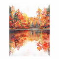 Watercolor autumn lake with orange trees and reflections for cozy living room decor.