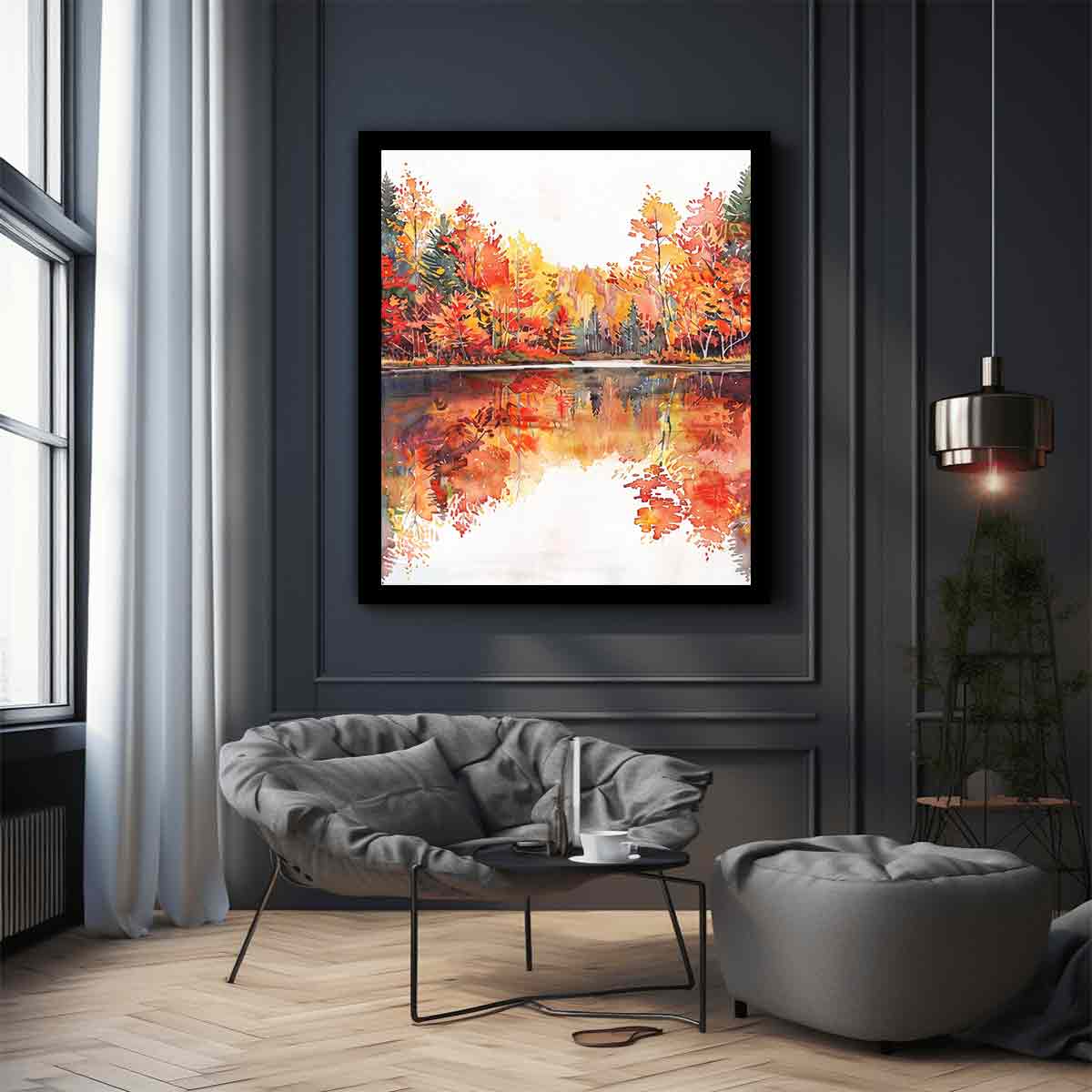Watercolor autumn lake with orange trees and reflections for cozy living room decor.