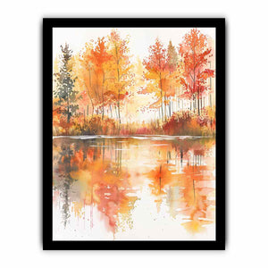 Autumn watercolor lake canvas art with orange trees for warm living room decor.