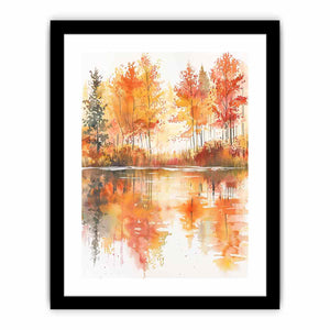 Autumn watercolor lake canvas art with orange trees for warm living room decor.