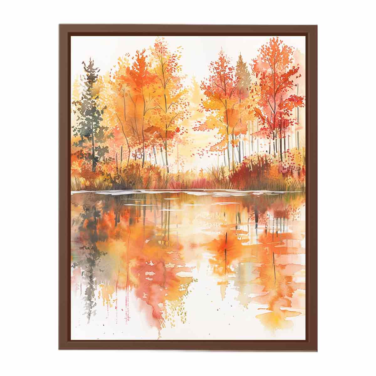 Autumn watercolor lake canvas art with orange trees for warm living room decor.