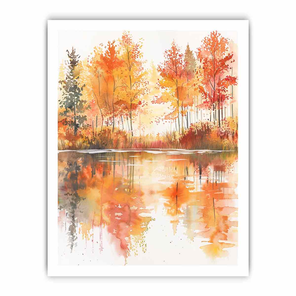 Autumn watercolor lake canvas art with orange trees for warm living room decor.
