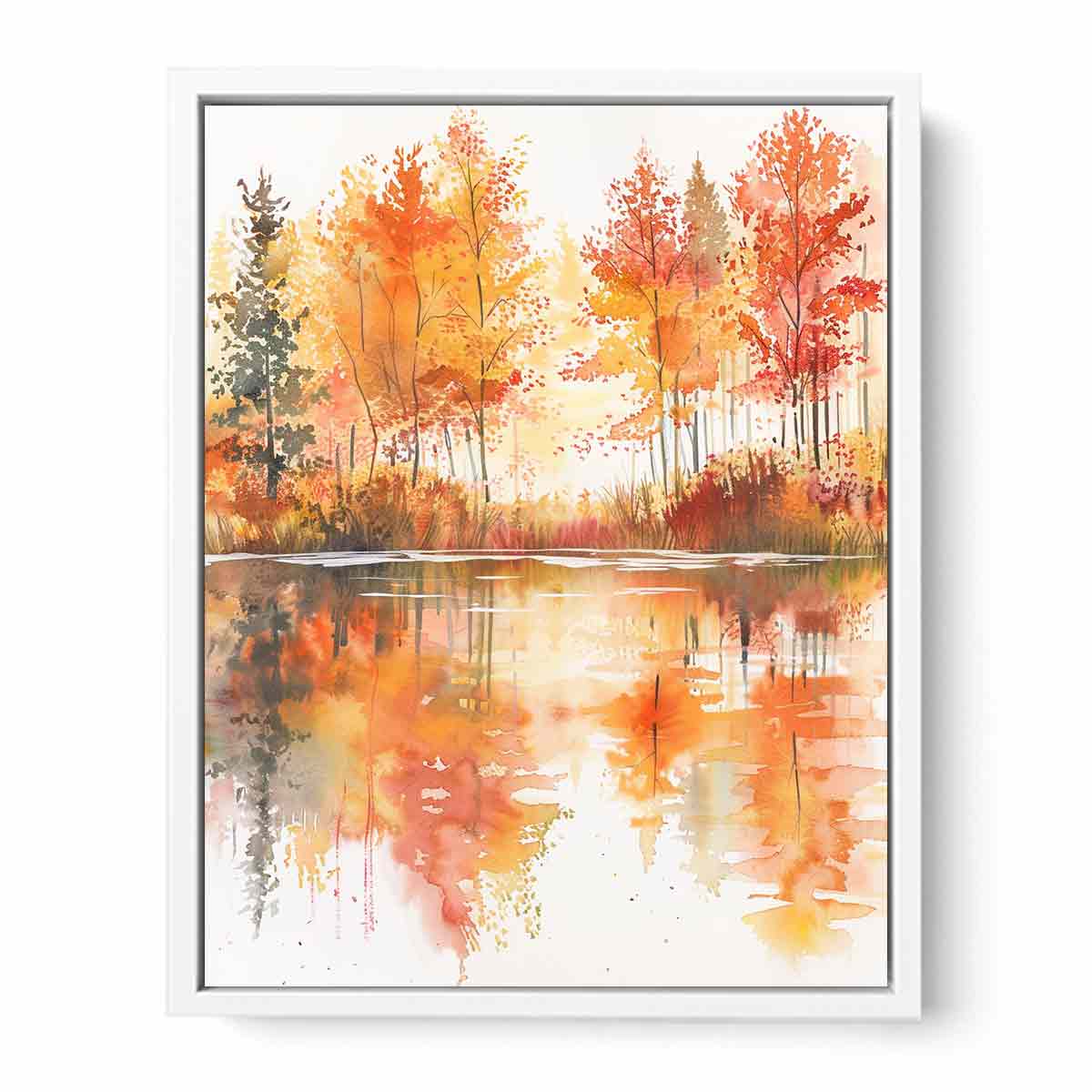 Autumn watercolor lake canvas art with orange trees for warm living room decor.