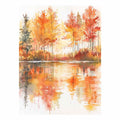 Autumn watercolor lake canvas art with orange trees for warm living room decor.