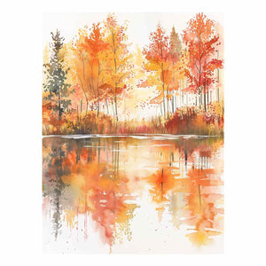 Autumn watercolor lake canvas art with orange trees for warm living room decor.