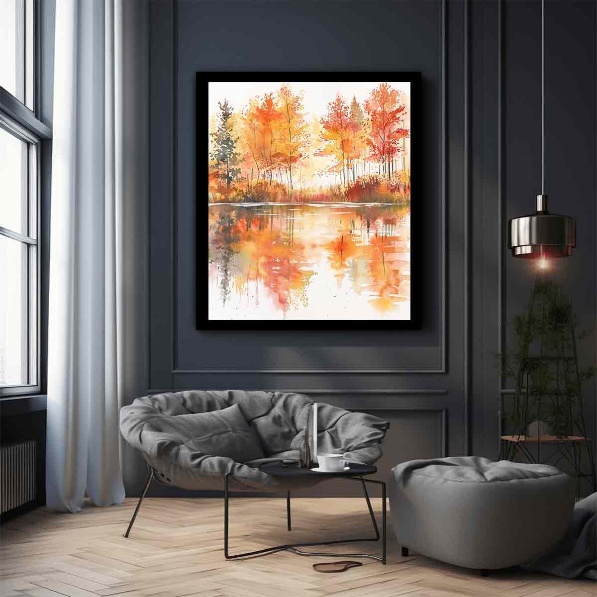 Autumn watercolor lake canvas art with orange trees for warm living room decor.