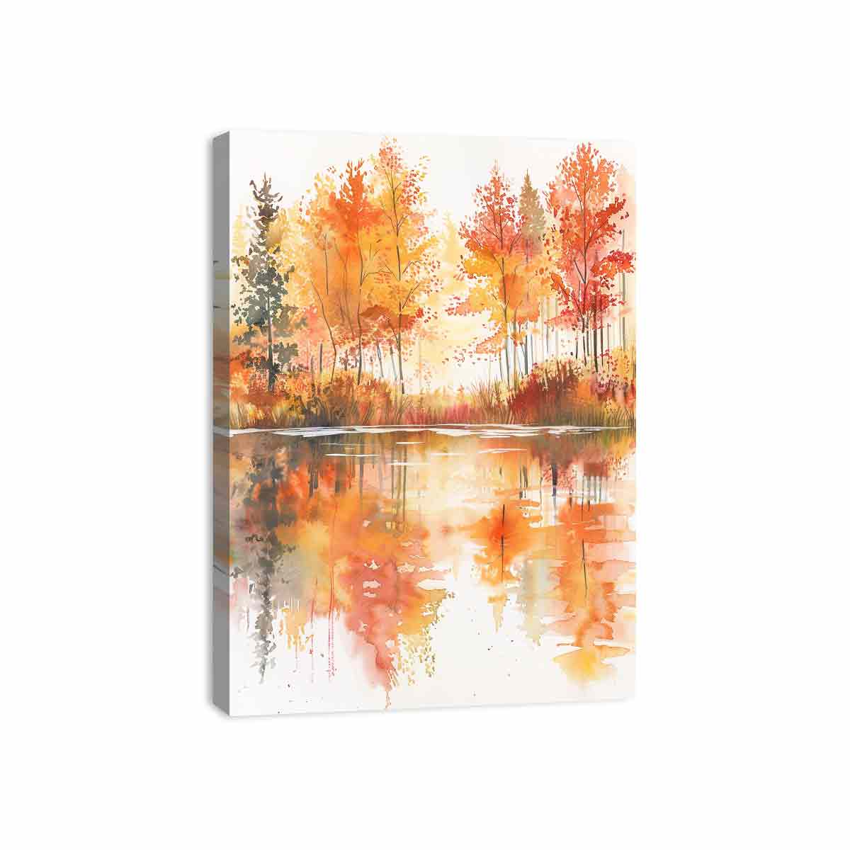 Autumn watercolor lake canvas art with orange trees for warm living room decor.