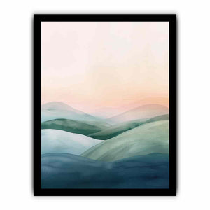 Soft green mountain watercolor canvas art for calm modern bedroom decor.