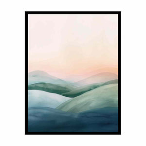 Soft green mountain watercolor canvas art for calm modern bedroom decor.