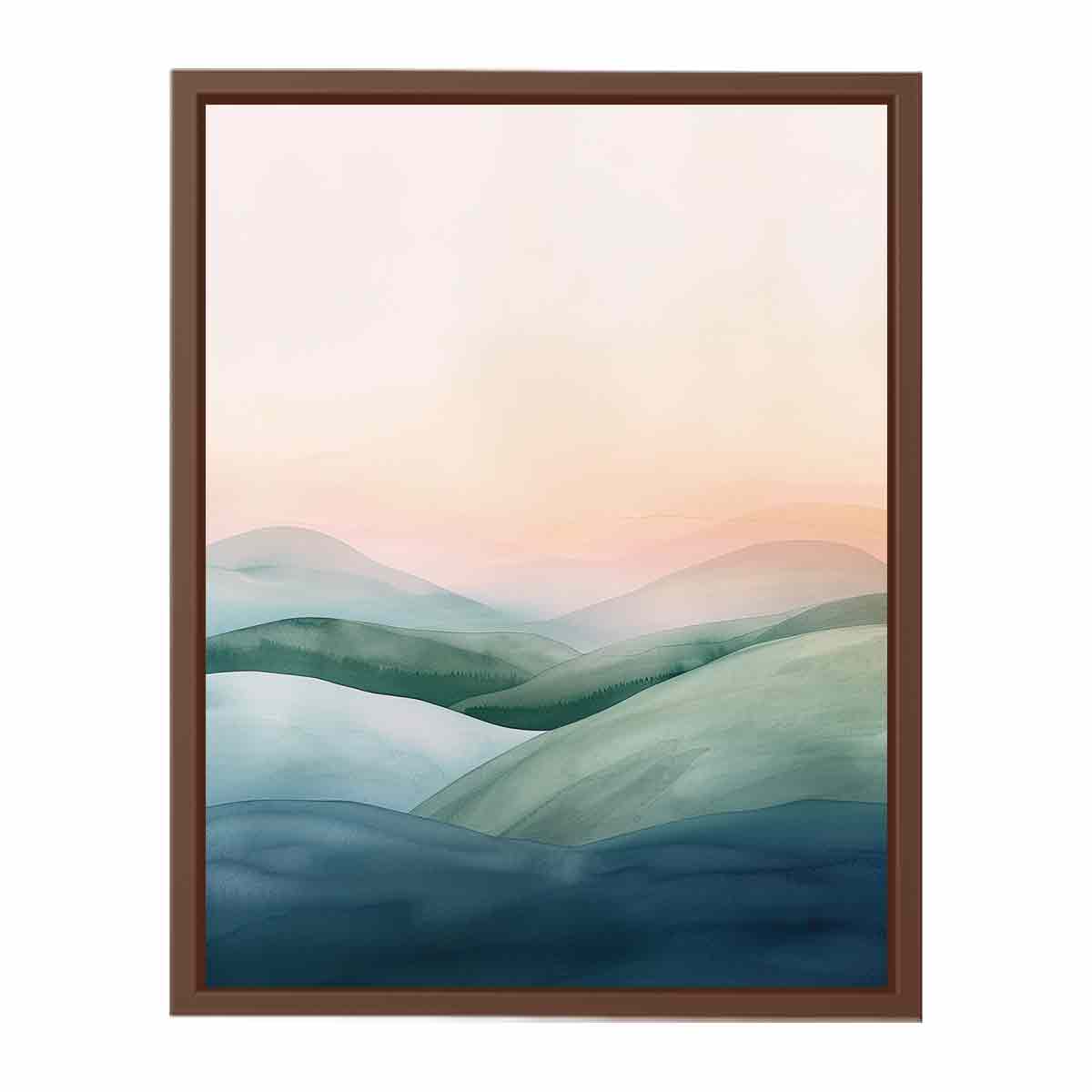 Soft green mountain watercolor canvas art for calm modern bedroom decor.