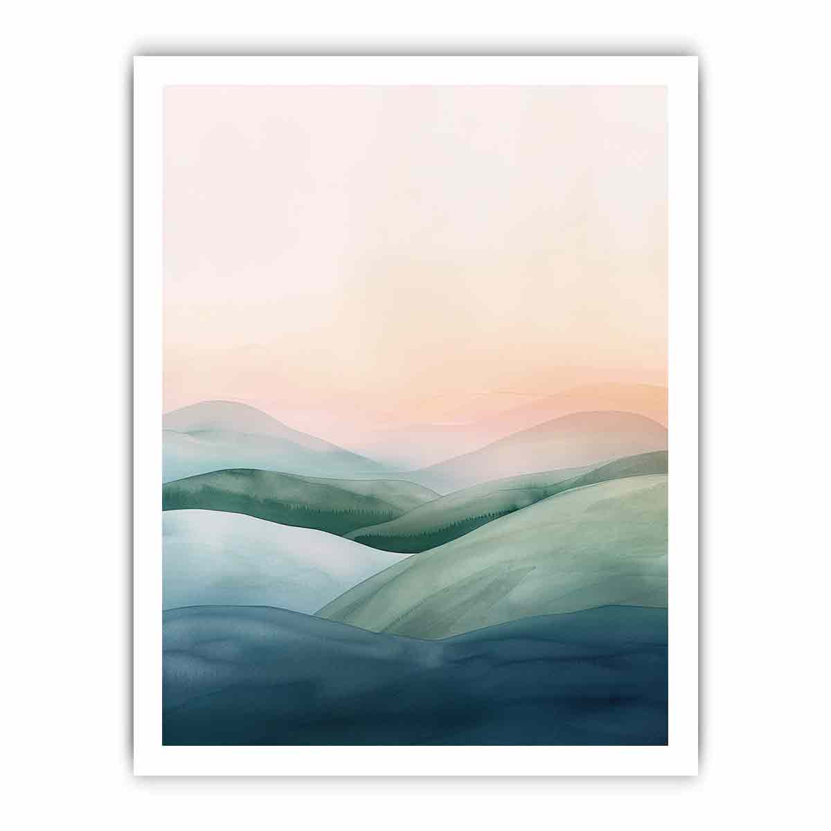 Soft green mountain watercolor canvas art for calm modern bedroom decor.
