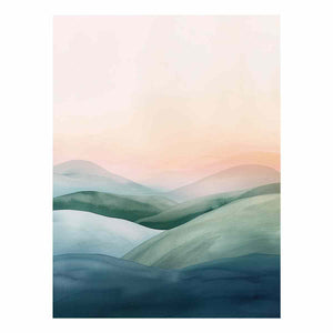 Soft green mountain watercolor canvas art for calm modern bedroom decor.