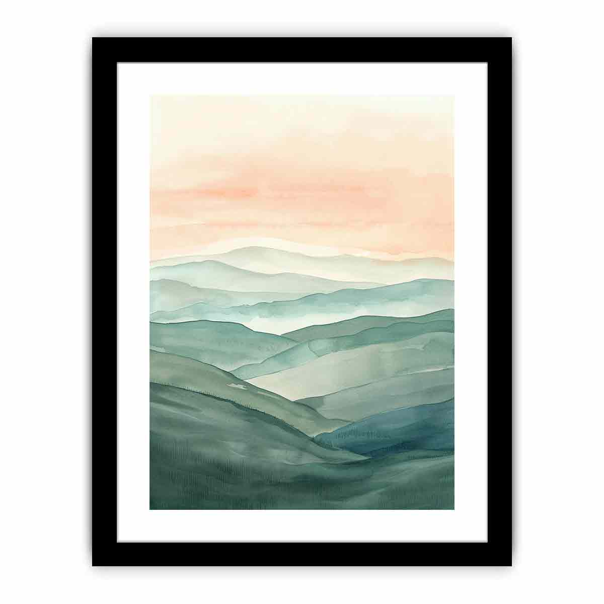 Layered green hill watercolor canvas art for peaceful modern home decor.