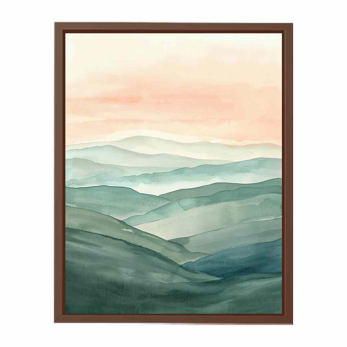 Layered green hill watercolor canvas art for peaceful modern home decor.