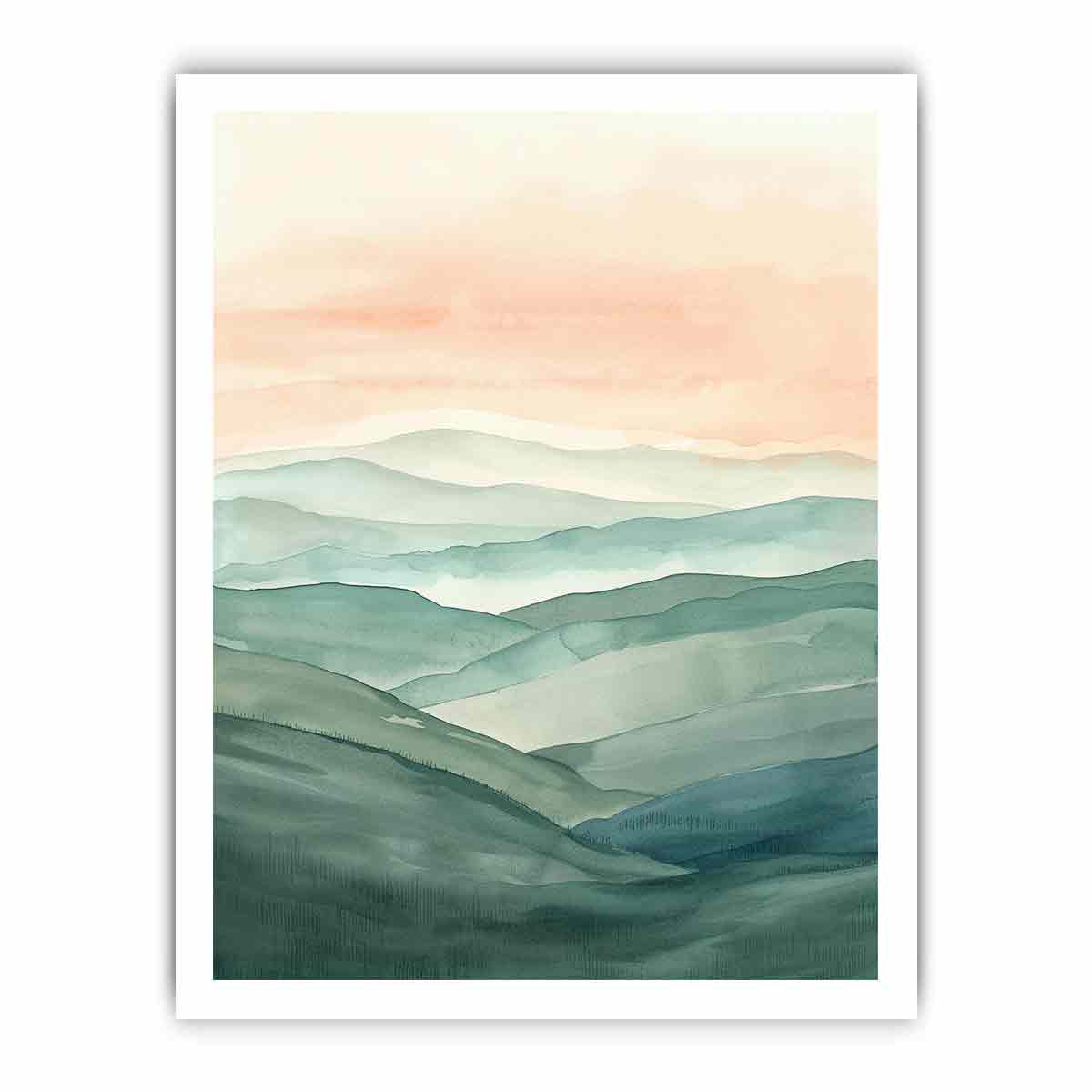 Layered green hill watercolor canvas art for peaceful modern home decor.