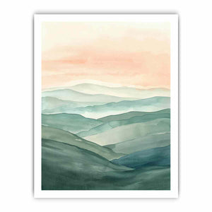Layered green hill watercolor canvas art for peaceful modern home decor.