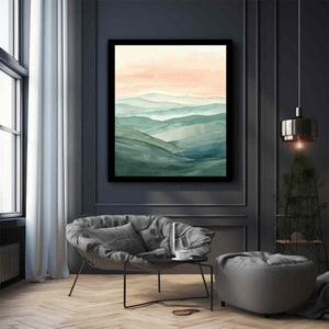 Layered green hill watercolor canvas art for peaceful modern home decor.