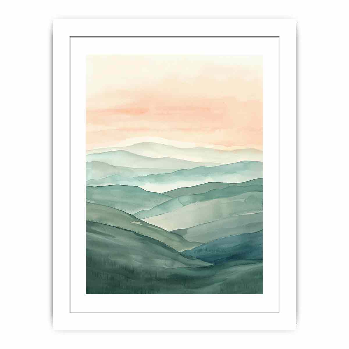 Layered green hill watercolor canvas art for peaceful modern home decor.