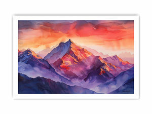 Bold watercolor mountain canvas art with crimson sunset tones for living room decor.