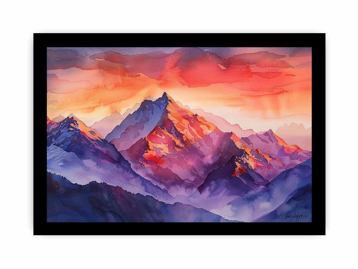 Bold watercolor mountain canvas art with crimson sunset tones for living room decor.