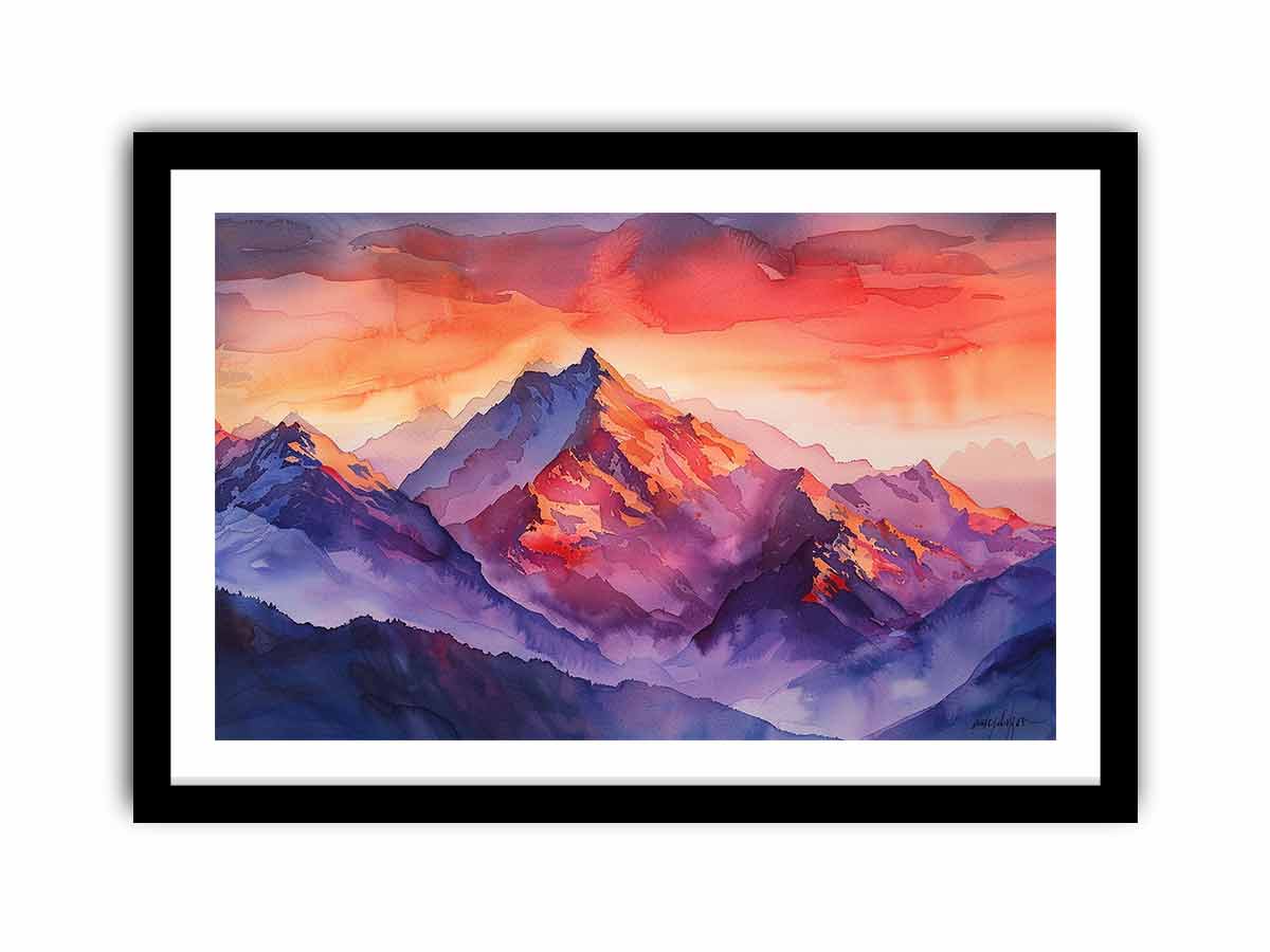 Bold watercolor mountain canvas art with crimson sunset tones for living room decor.