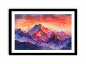 Bold watercolor mountain canvas art with crimson sunset tones for living room decor.