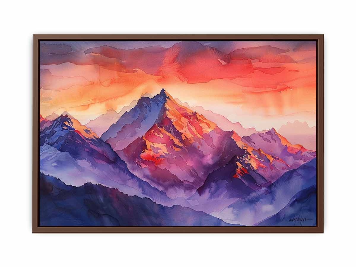 Bold watercolor mountain canvas art with crimson sunset tones for living room decor.