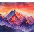 Bold watercolor mountain canvas art with crimson sunset tones for living room decor.
