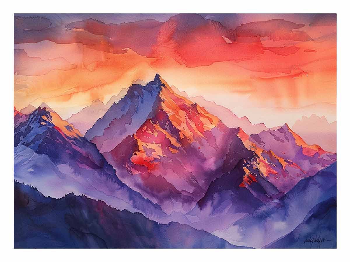 Bold watercolor mountain canvas art with crimson sunset tones for living room decor.