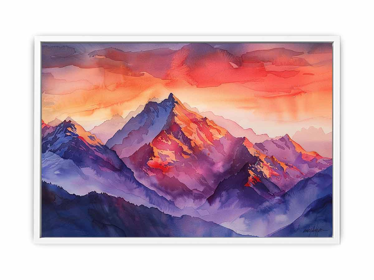 Bold watercolor mountain canvas art with crimson sunset tones for living room decor.