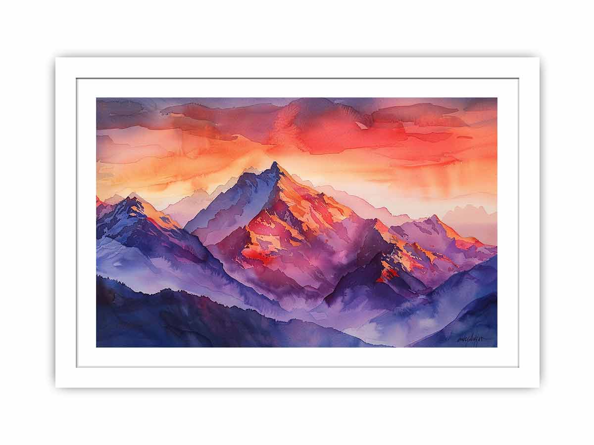 Bold watercolor mountain canvas art with crimson sunset tones for living room decor.