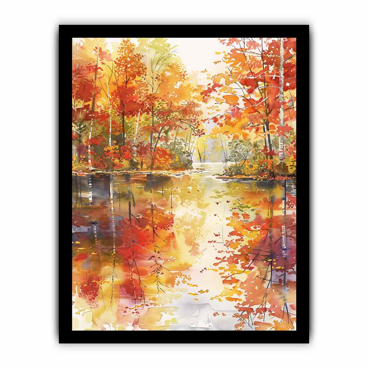 Autumn forest river watercolor canvas art for warm living room wall decor.