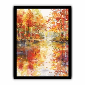 Autumn forest river watercolor canvas art for warm living room wall decor.