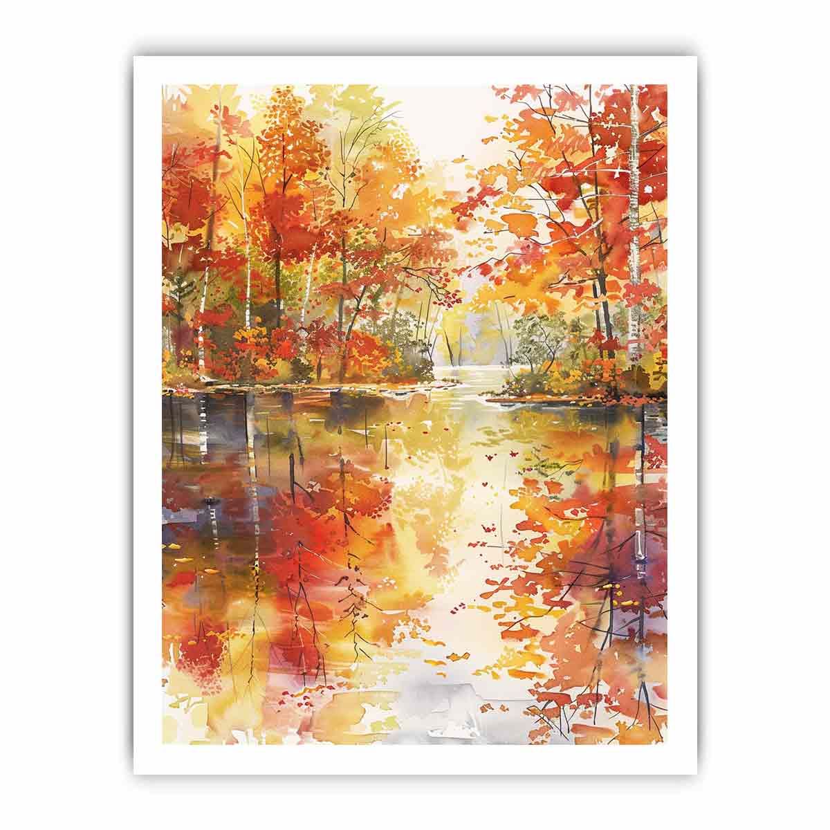 Autumn forest river watercolor canvas art for warm living room wall decor.