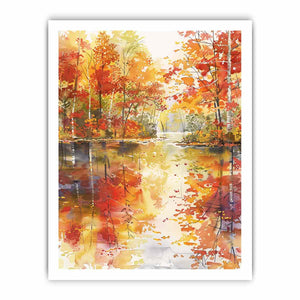 Autumn forest river watercolor canvas art for warm living room wall decor.