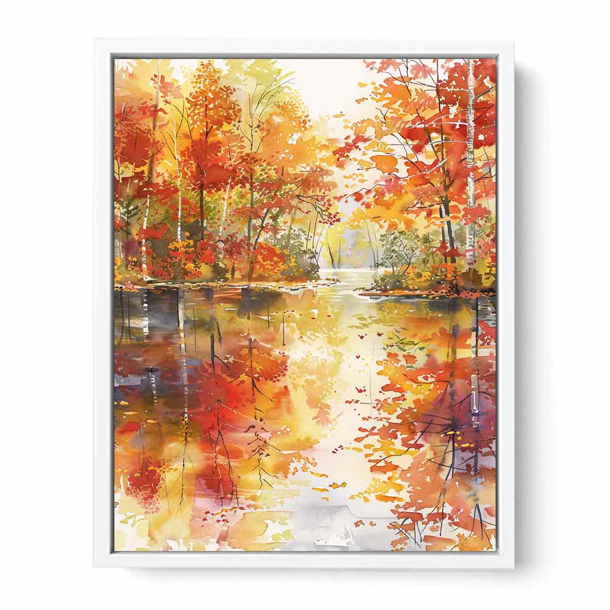 Autumn forest river watercolor canvas art for warm living room wall decor.