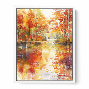 Autumn forest river watercolor canvas art for warm living room wall decor.