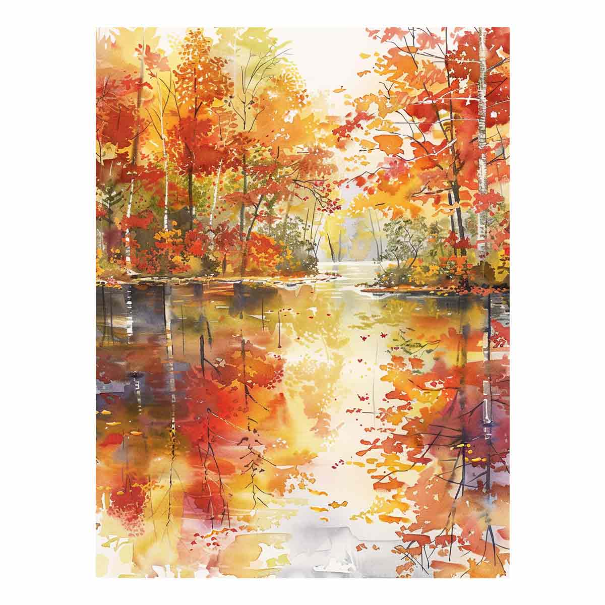Autumn forest river watercolor canvas art for warm living room wall decor.