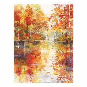 Autumn forest river watercolor canvas art for warm living room wall decor.